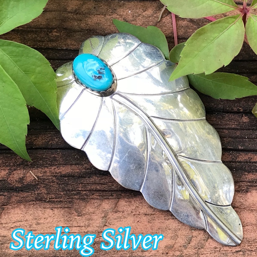 Vintage LARGE Sterling Turquoise Leaf Brooch Pin